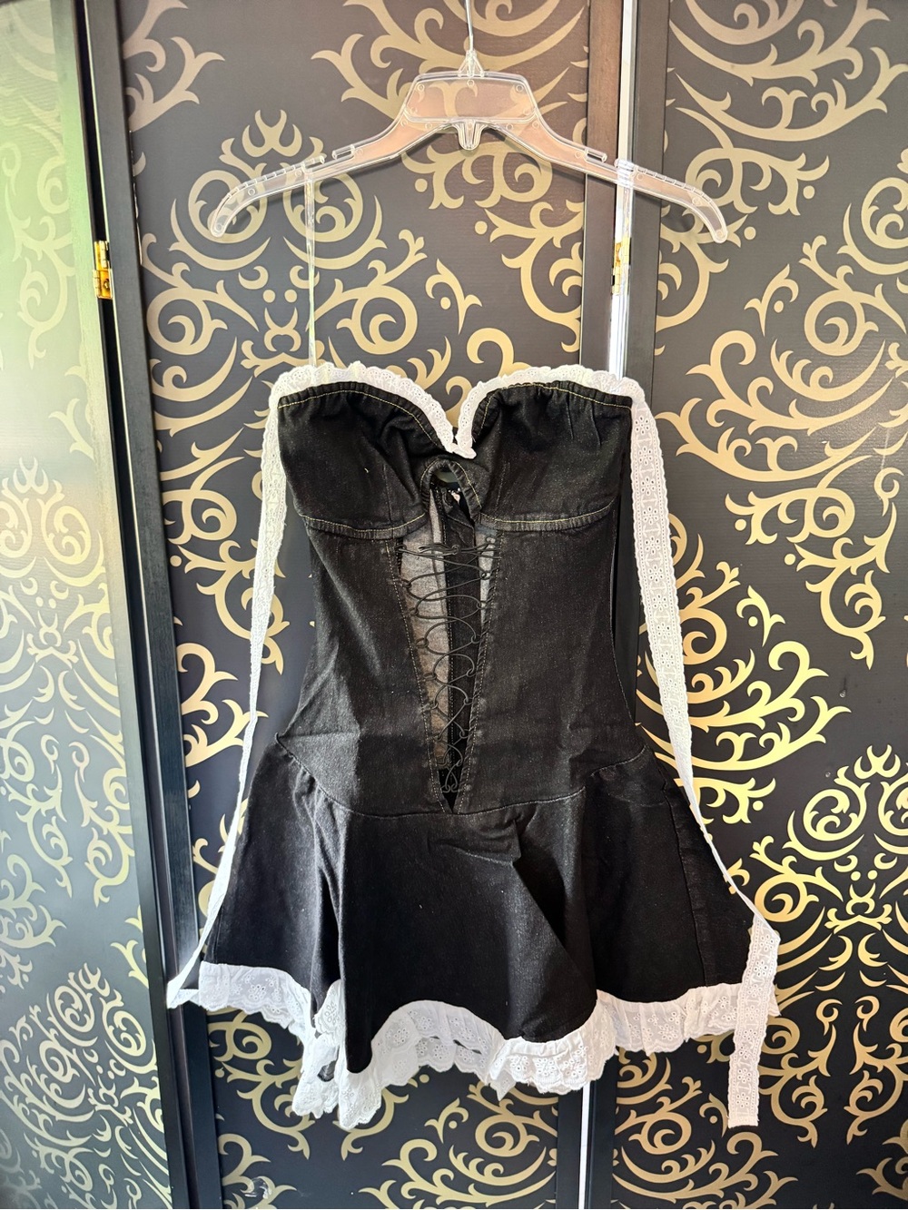 Fashion Nova Black Mini Dress with White Lace Accents